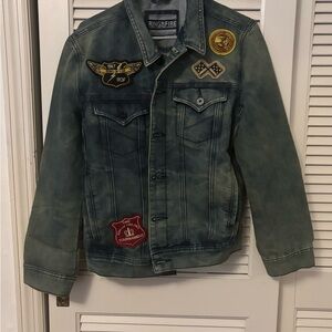 Ring of Fire Men's Green Distressed Denim Jacket with Patch Accents